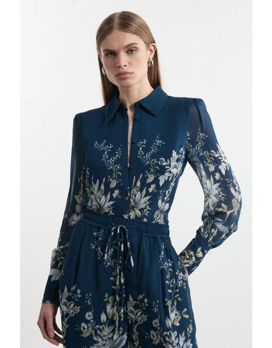 Camicia Petite con maniche a palloncino in tessuto con stampa di bordi e piping in viscosa