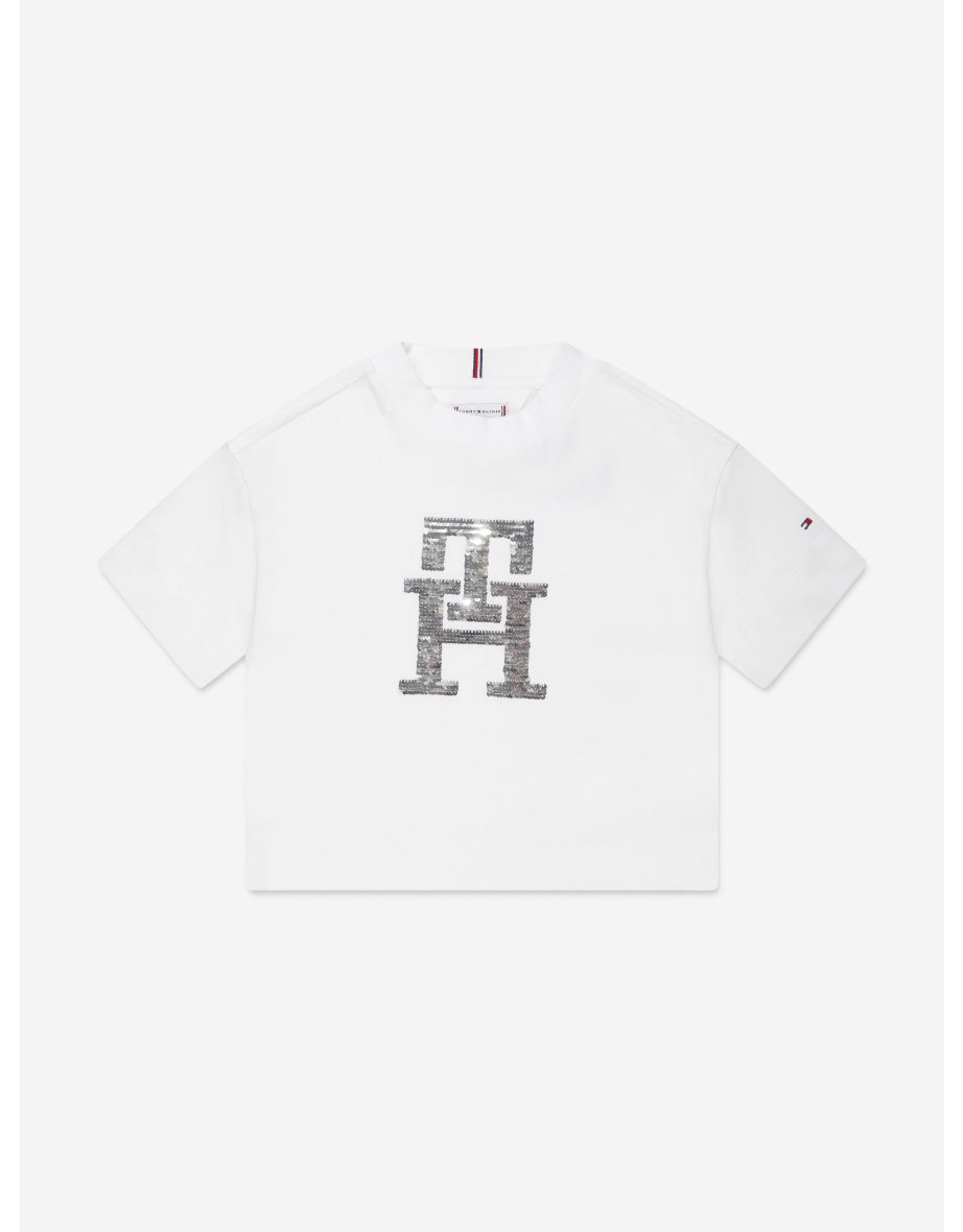 Camiseta blanca de niña con monograma de lentejuelas