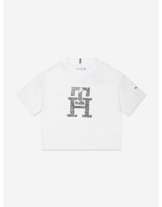 Camiseta blanca de niña con monograma de lentejuelas