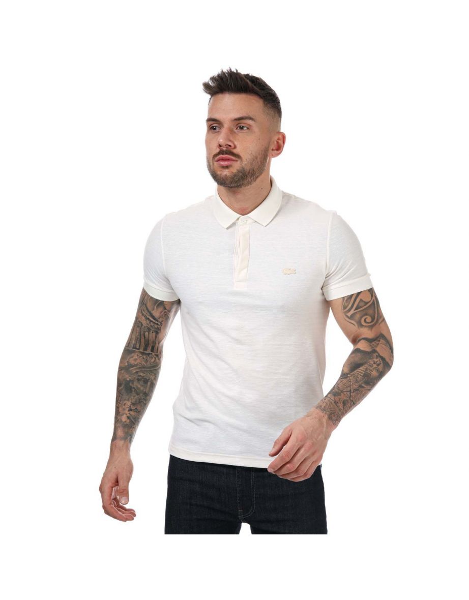 Polo Lacoste Uomo Regular Fit a righe in cotone e lino color crema