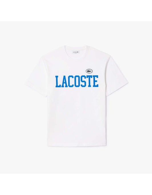 Camiseta masculina de algodão Lacoste com emblema contrastante em branco
