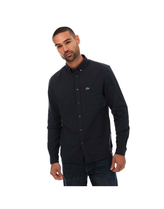 Camisa masculina Lacoste azul de algodão Oxford com gola abotoada