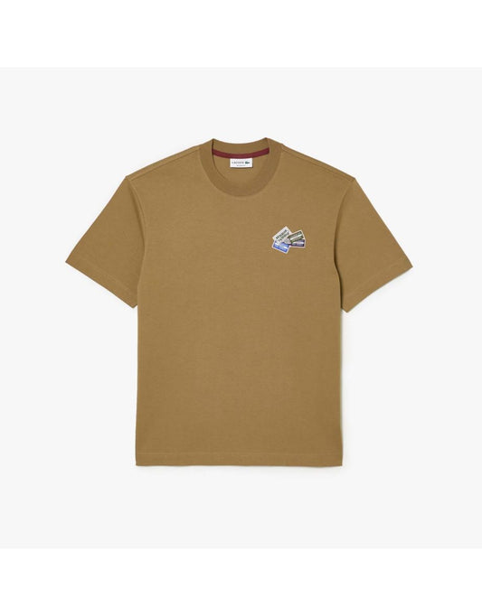 Camiseta masculina Lacoste Heavy Cotton Jersey Multi-Badge em marrom