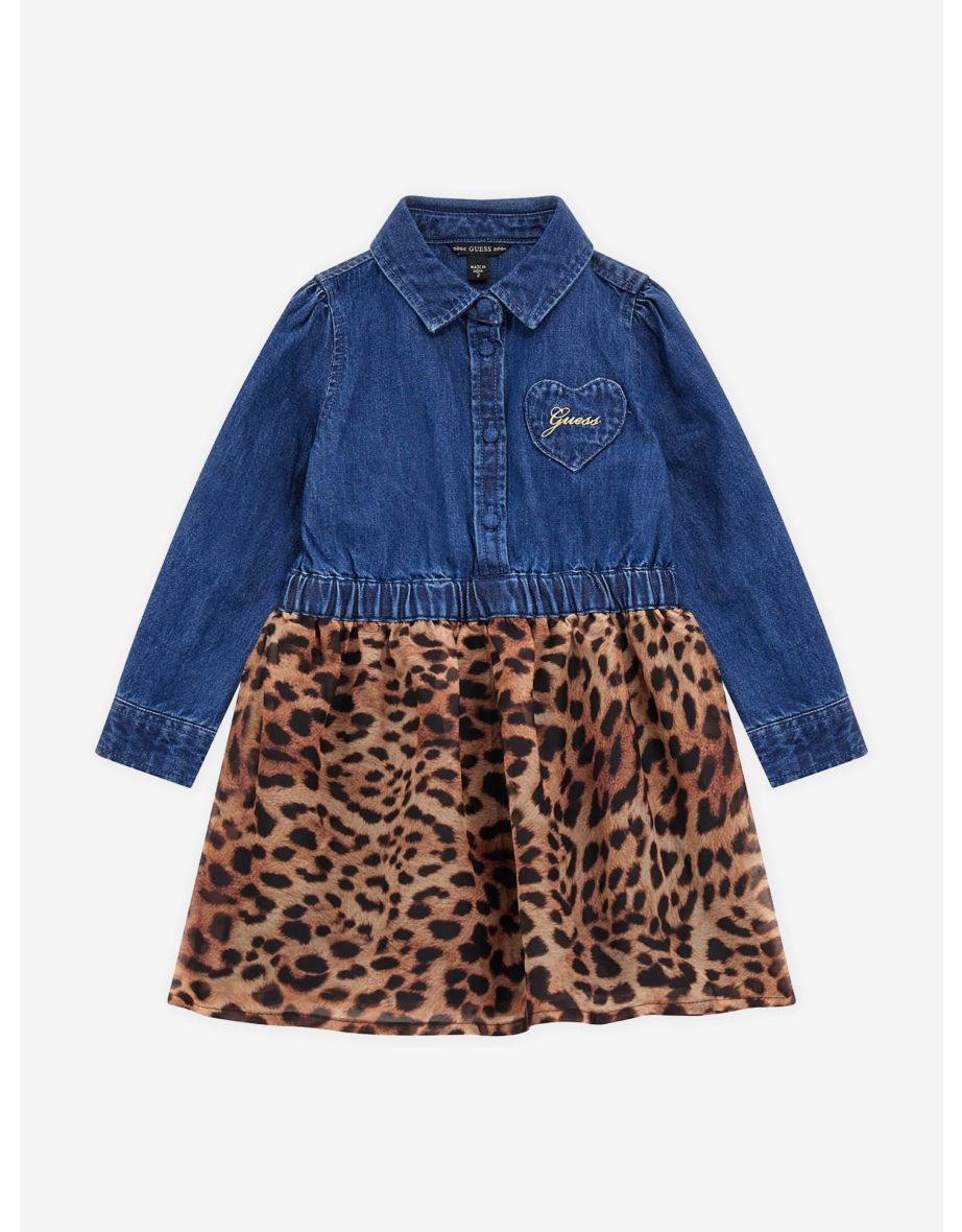 Vestito Guess da bambina in denim blu e stampa leopardata
