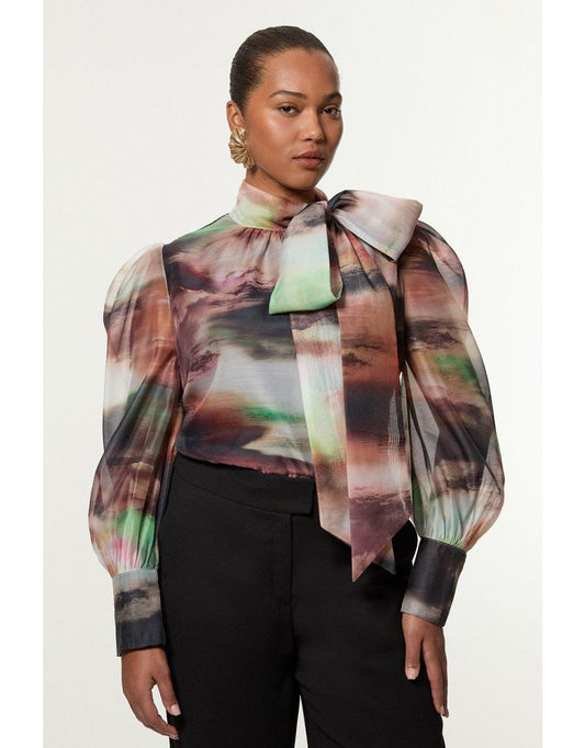 Camicetta con gomitolo in organza marmorizzata taglie forti