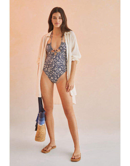 Maiô com estampa floral e ruched
