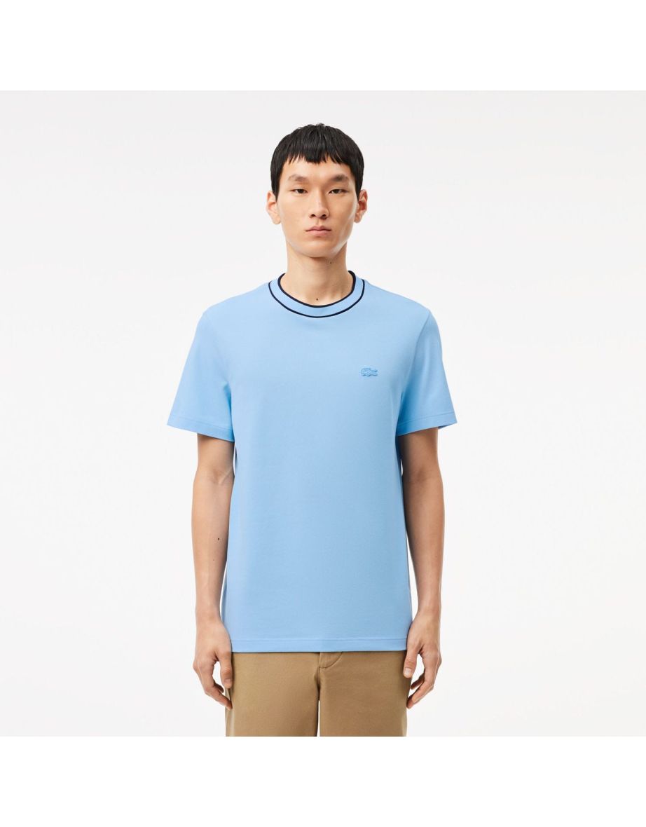 Camiseta masculina Lacoste Stretch Piqué com gola listrada em azul