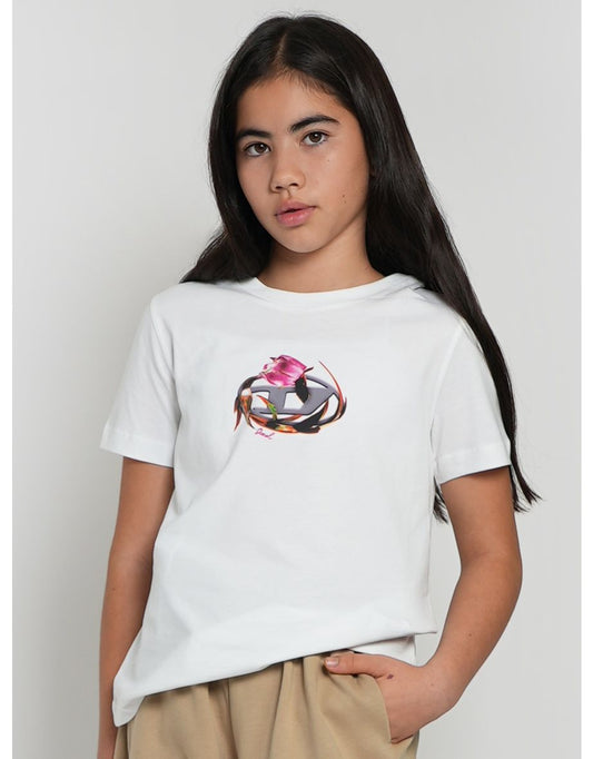 Camiseta Diesel Logo de Niña en Blanco