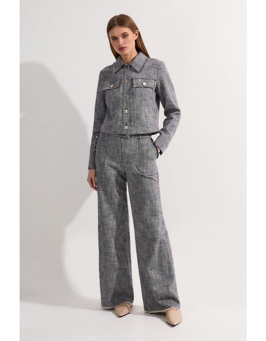 Pantaloni sartoriali a zampa dritta in tweed primaverili alti
