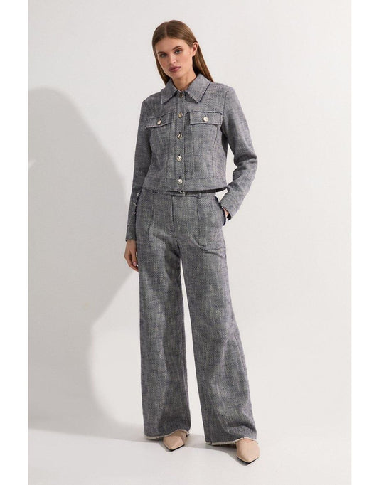 Pantaloni sartoriali a zampa dritta in tweed primaverili alti