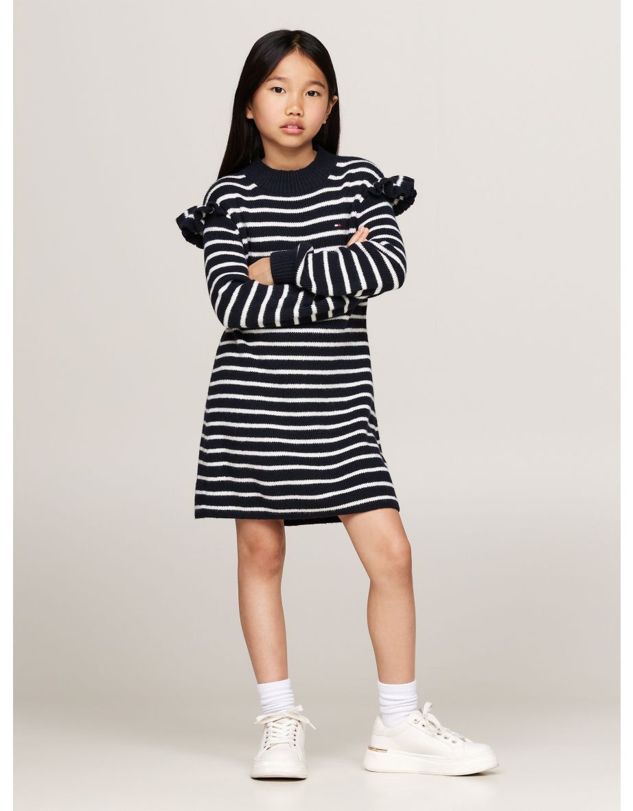 Tommy Hilfiger - Vestito skater a righe con volant per bambine della Marina Militare