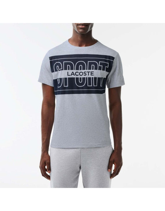 Camiseta esportiva masculina Lacoste cinza com estampa de algodão
