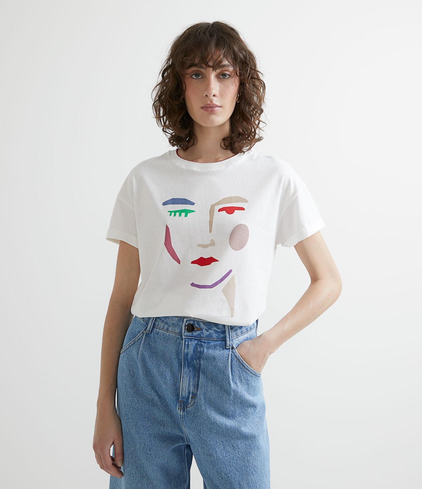 Short-Sleeve Cotton Blouse with Colorful Abstract Face Print - White
