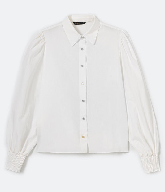 Long Sleeve Puff Blouse in White Polka Dot Tricoline