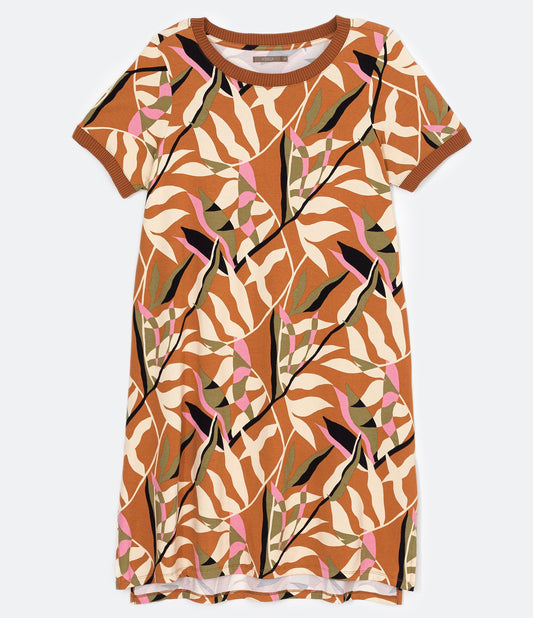 Vestito corto in viscosa con stampa foliage, Curve e taglie forti, marrone