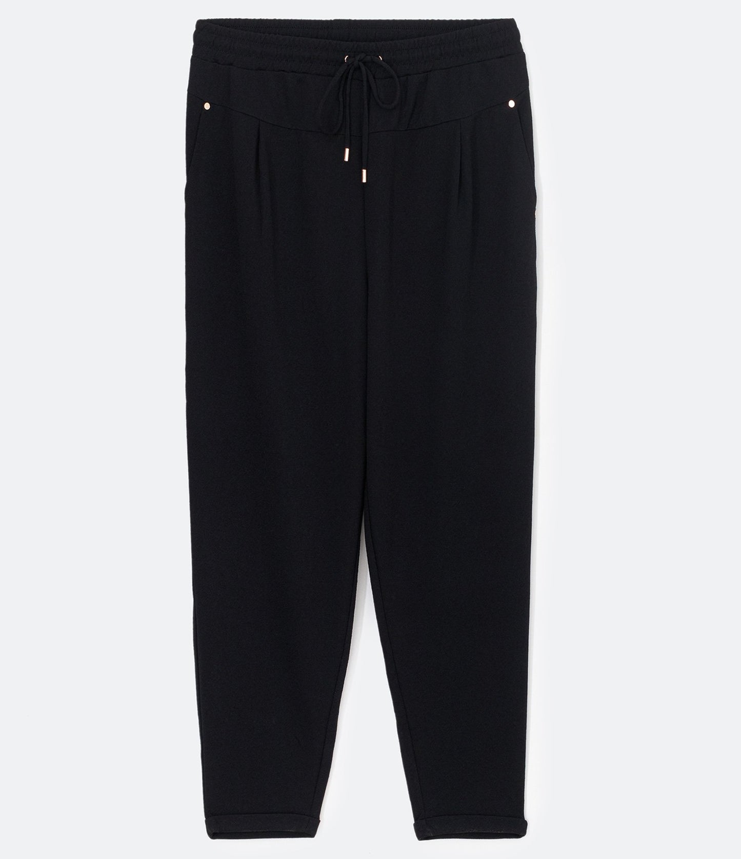 Pantaloni Carrot in poliestere con vita elastica e laccetti, taglie forti e taglie forti, nero