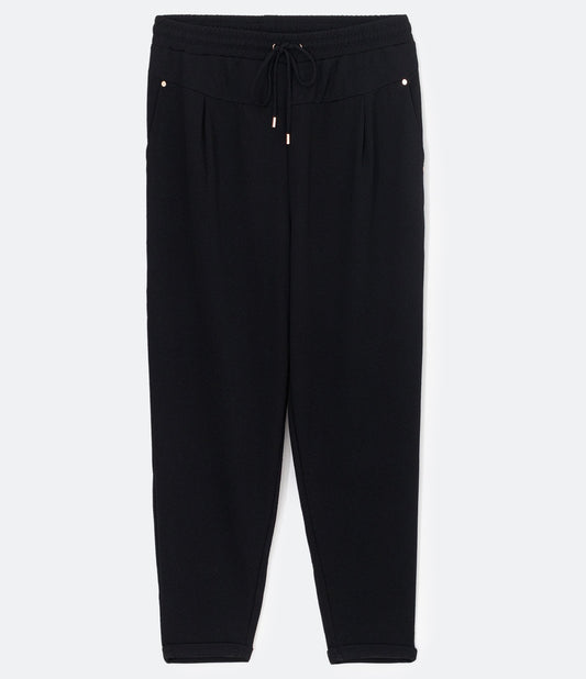 Pantaloni Carrot in poliestere con vita elastica e laccetti, taglie forti e taglie forti, nero
