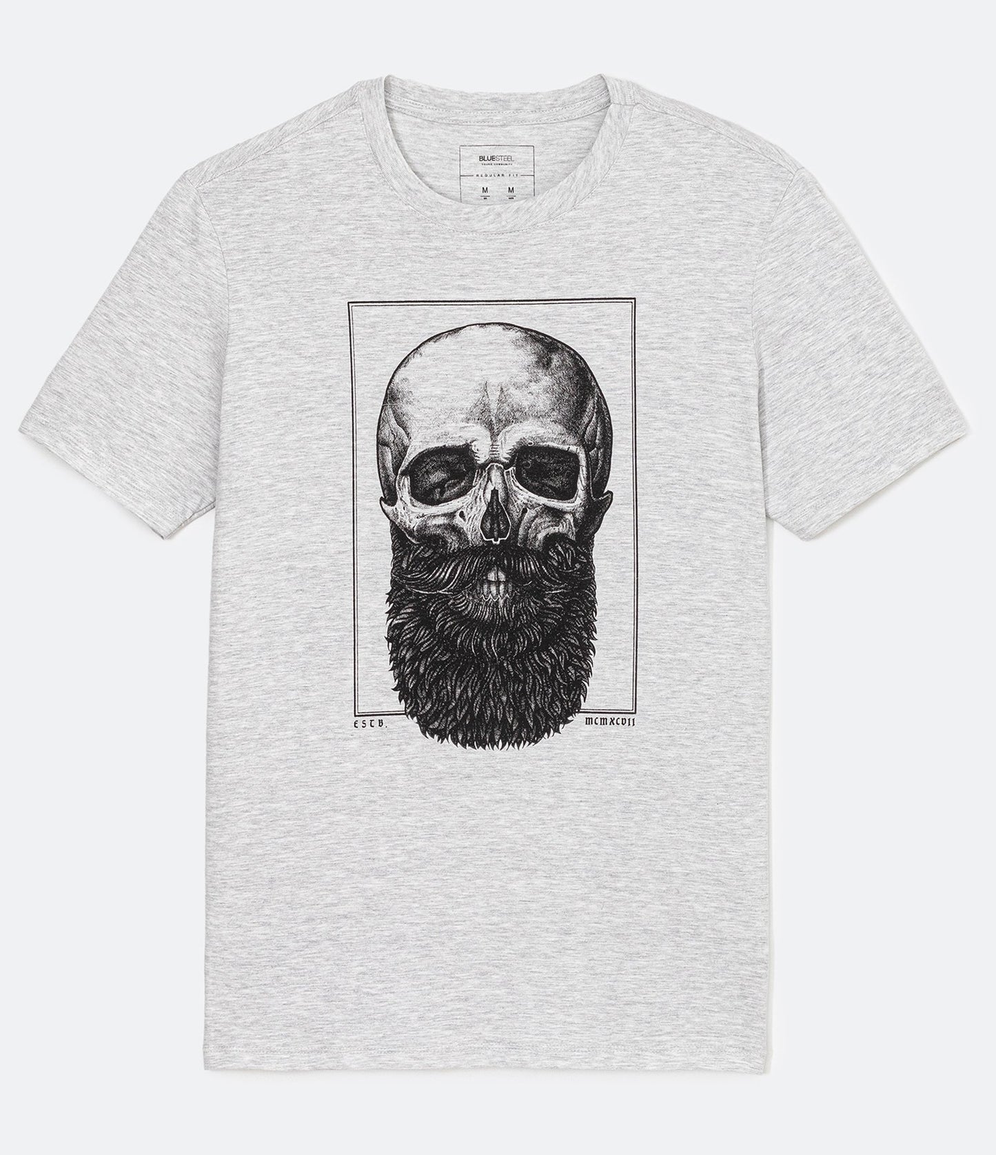 Camiseta Branca de Algodão com Manga Curta e Estampa de Caveira Barbada