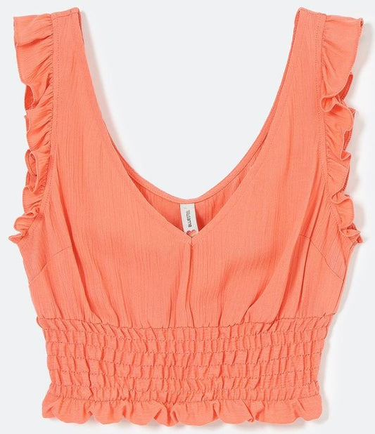 Camicetta cropped in viscosa con spalline arricciate e orlo smocked in arancione