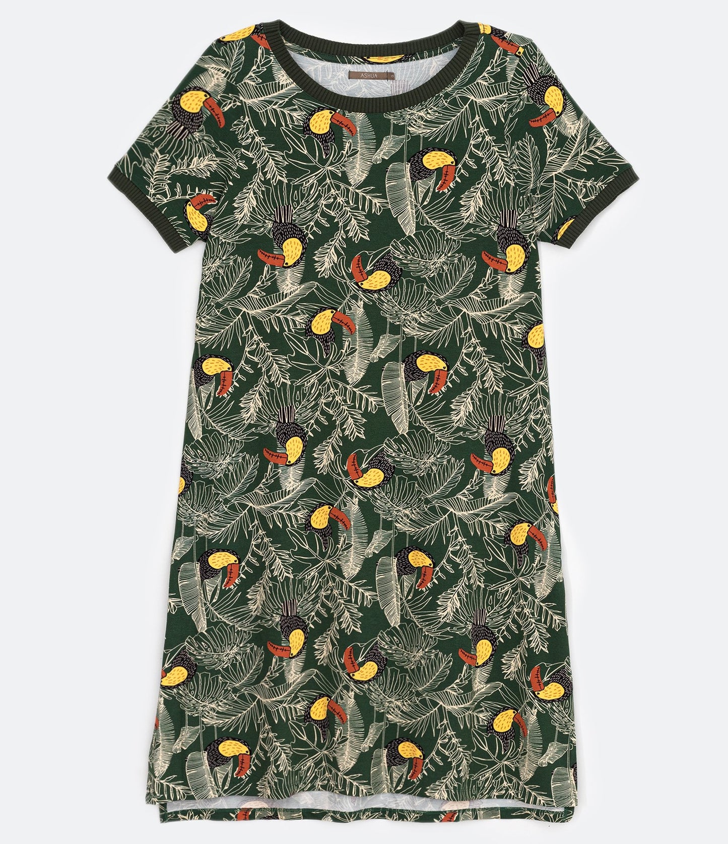 Vestido curto de viscose com estampa de folhagens e tucanos, Curve & Plus Size, verde