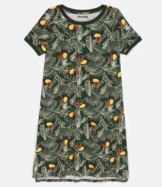 Vestido curto de viscose com estampa de folhagens e tucanos, Curve & Plus Size, verde