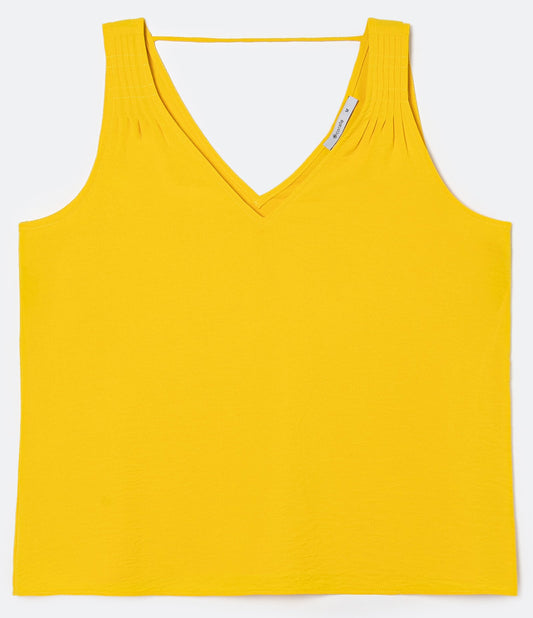 Yellow V-Neck Sleeveless Top with Shoulder Pleats