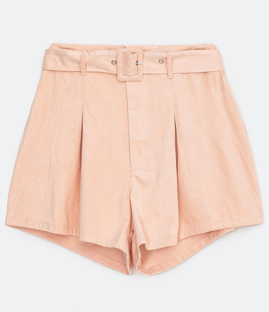 Shorts Clochard plissados rosa com cinto e sem estampa