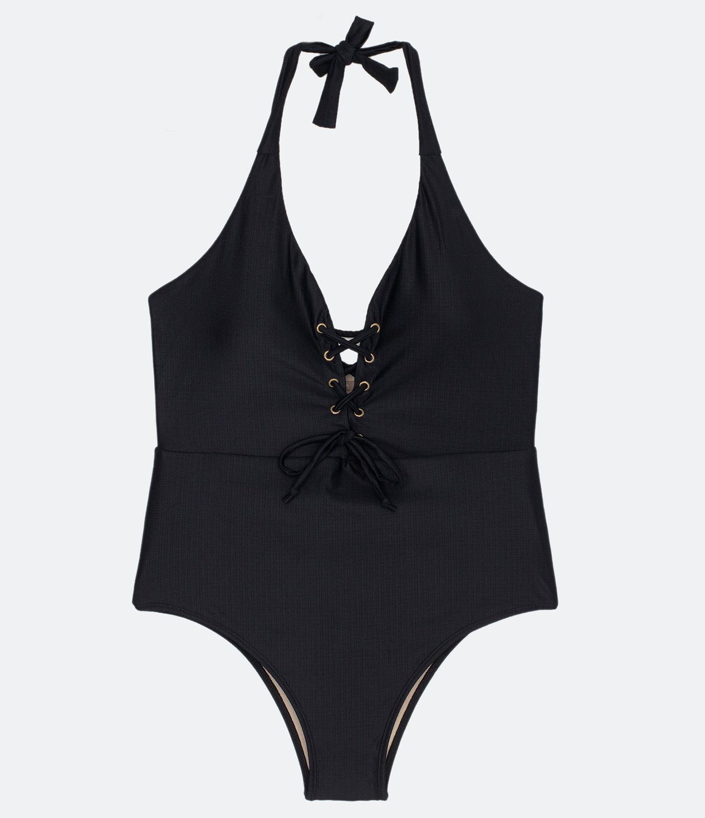 Costume da bagno con laccetti frontali e scollo a V, taglie forti e taglie forti, nero