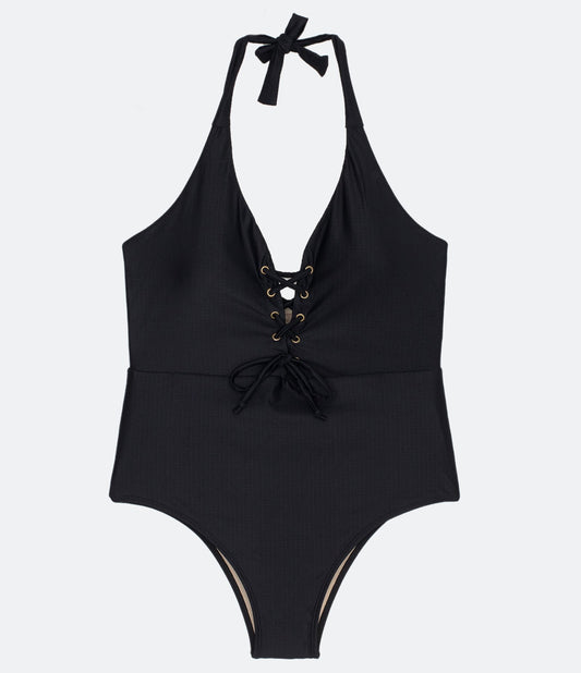 Costume da bagno con laccetti frontali e scollo a V, taglie forti e taglie forti, nero