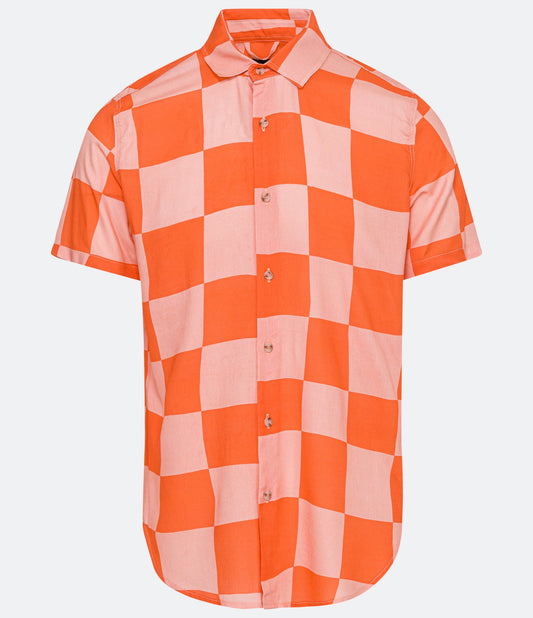 Camisa de manga curta de viscose com estampa xadrez rosa