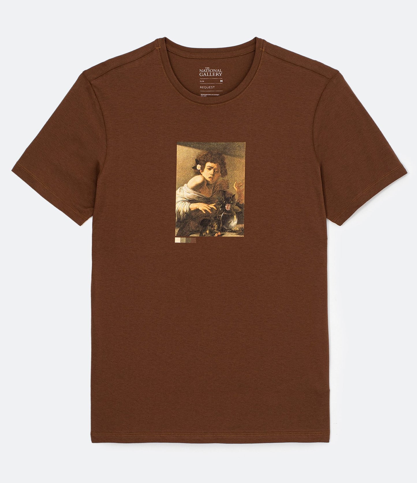 Maglietta marrone a manica corta con stampa di un ragazzo