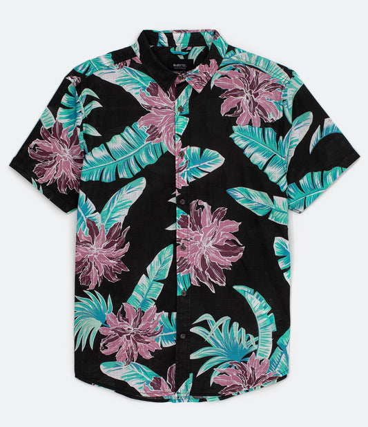 Camisa de voile preta de ajuste regular com estampa floral