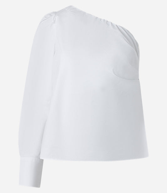 Blusa Tricoline Branca Ombro a Ombro com Manga Longa