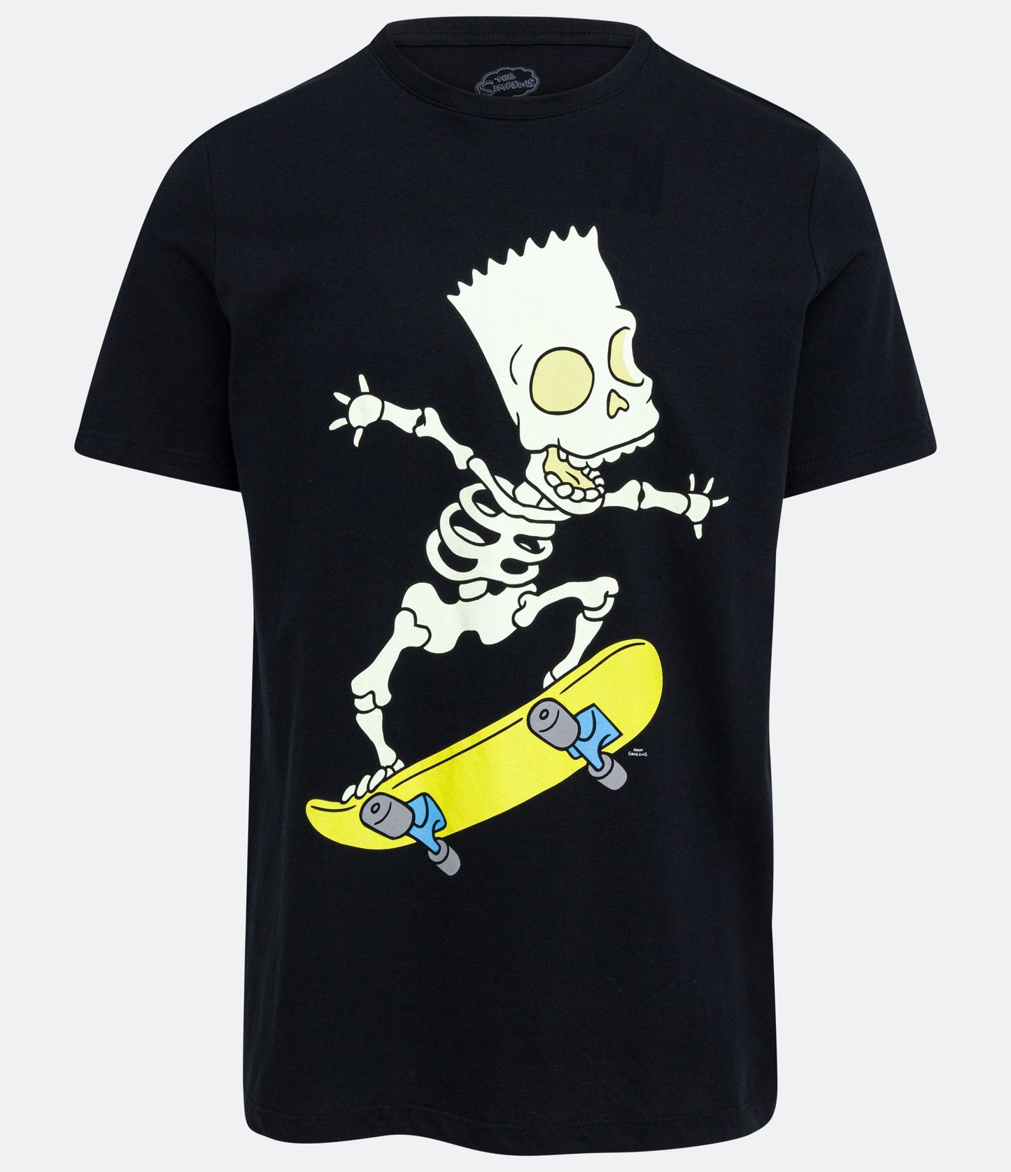 Camiseta preta de meia malha com estampa do esqueleto de Bart