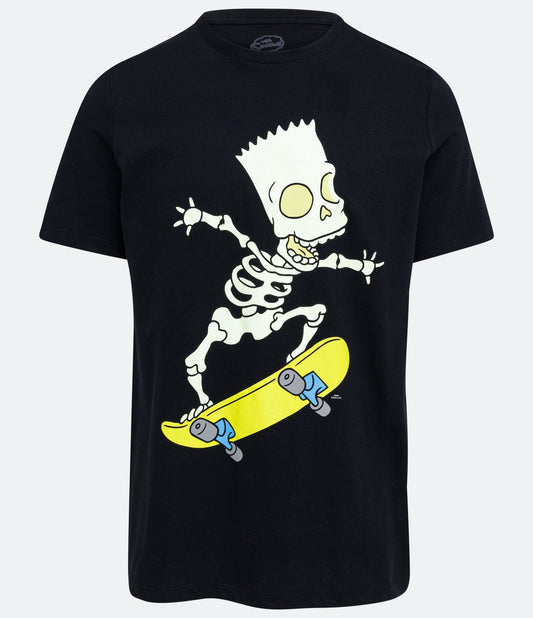 Camiseta preta de meia malha com estampa do esqueleto de Bart