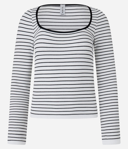 Blusa Texturizada e Listrada Sem Costura com Punhos Fenda em Branco/Preto