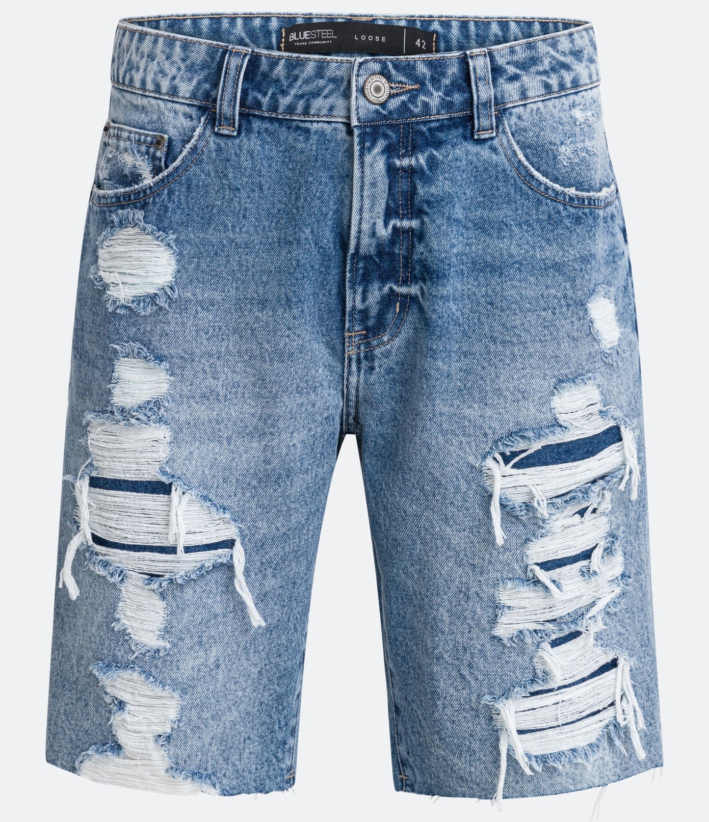 Pantaloncini di denim blu allentati e consumati