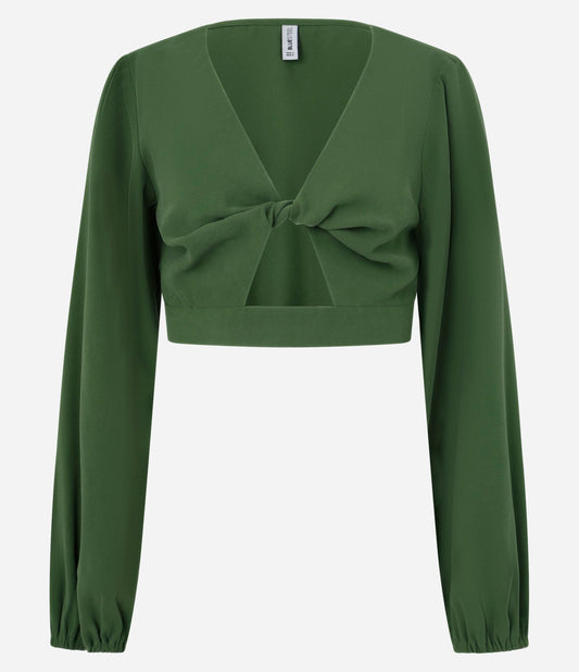 Blusa Cropped Verde com Abertura Frontal em Viscolinen