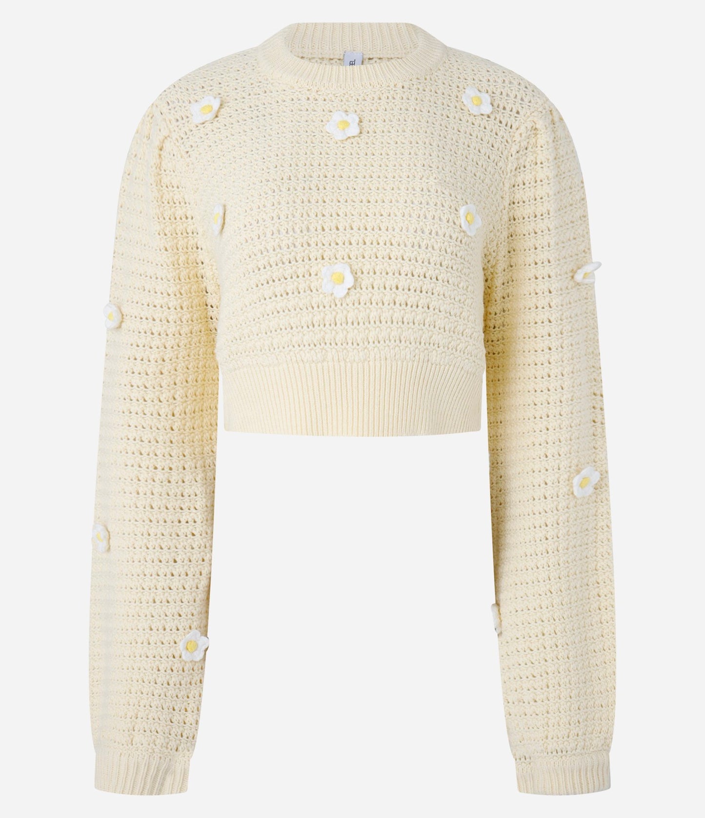 Maglione cropped in maglia con punto a giorno e ricamo floreale giallo