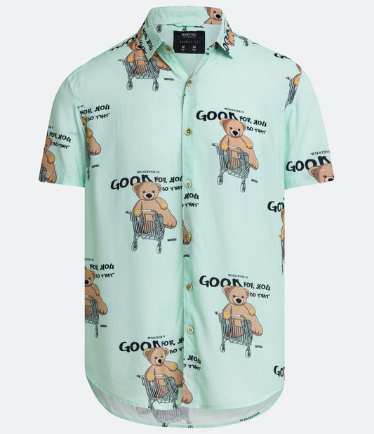Camisa de viscose de ajuste regular com estampa de urso no carrinho e letras em verde claro