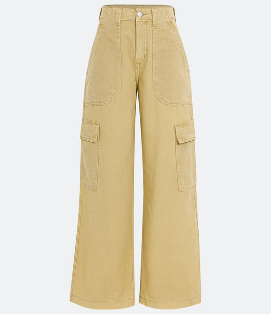 Pantaloni Cargo a vita alta a gamba larga giallo senape con tasche