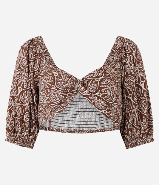 Brown Palm Tree Print Linen and Viscose Cropped Blouse