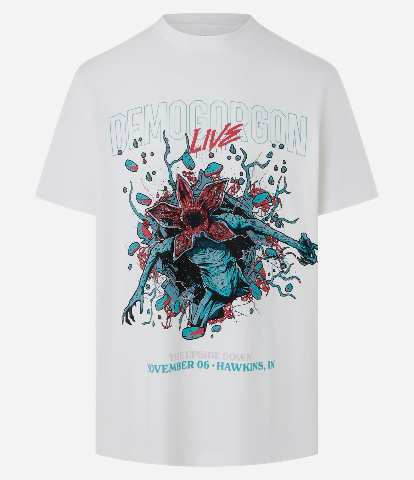 Maglietta bianca in cotone Comfort con stampa di Demogorgon Stranger Things