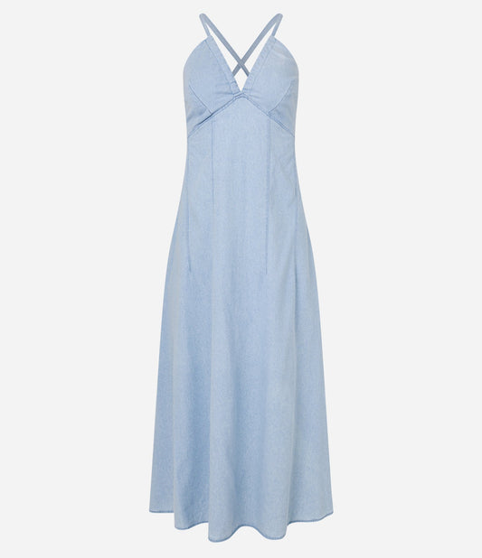 Vestito midi in denim con spalline incrociate e cravatta sulla schiena in blu