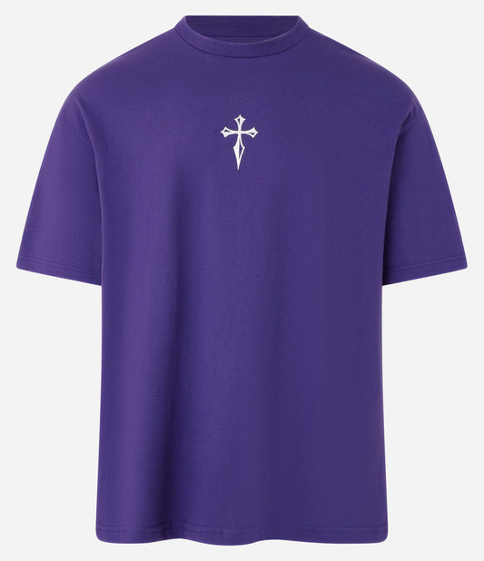 Camiseta descontraída em malha de peso médio com estampa cruzada em foil roxo médio