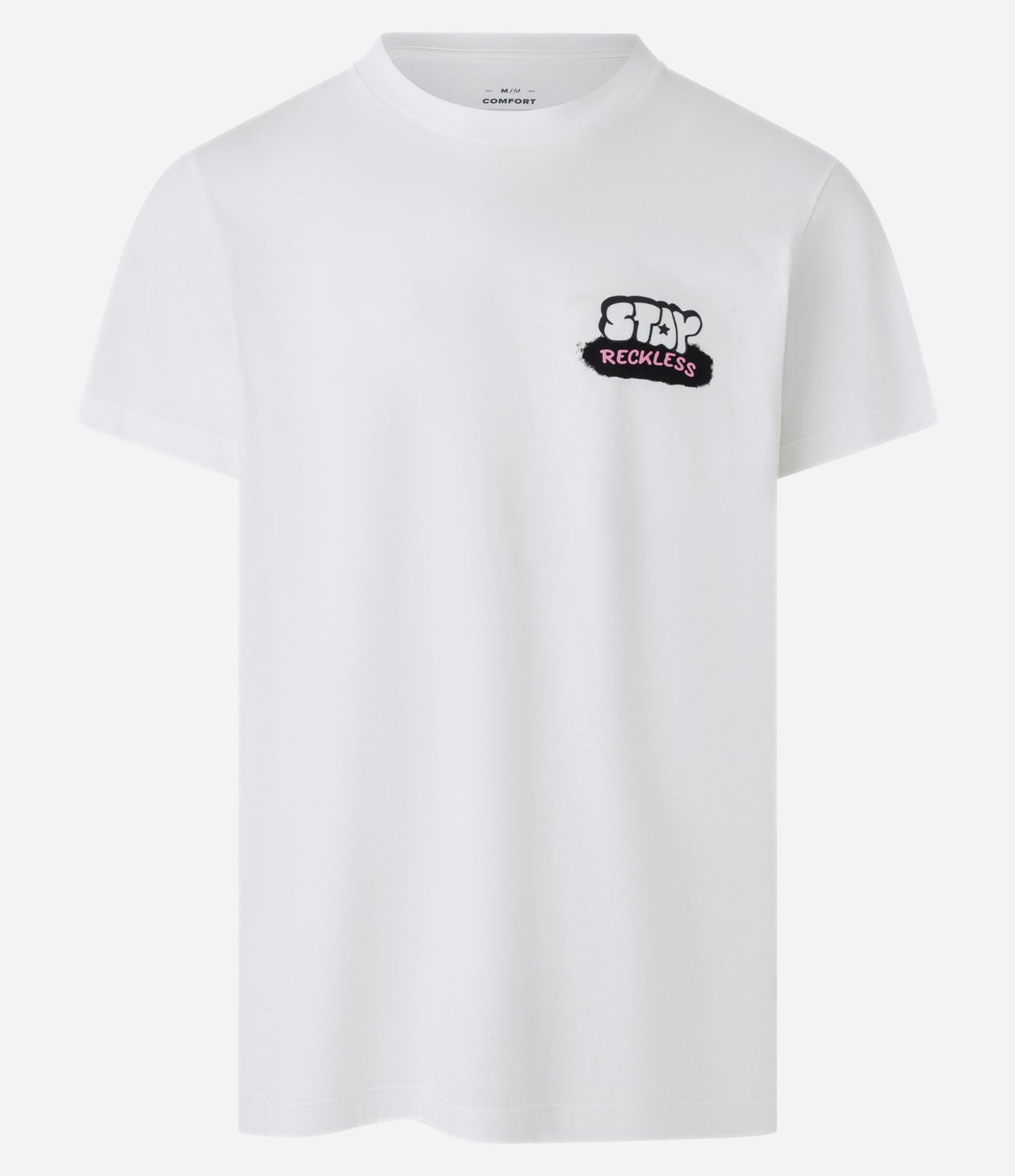 Camiseta Comfort branca em meia malha com estampa "Stay Reckless