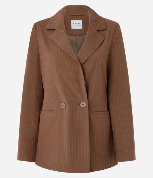 Long Tailored Pinstripe Blazer with Brown Buttons