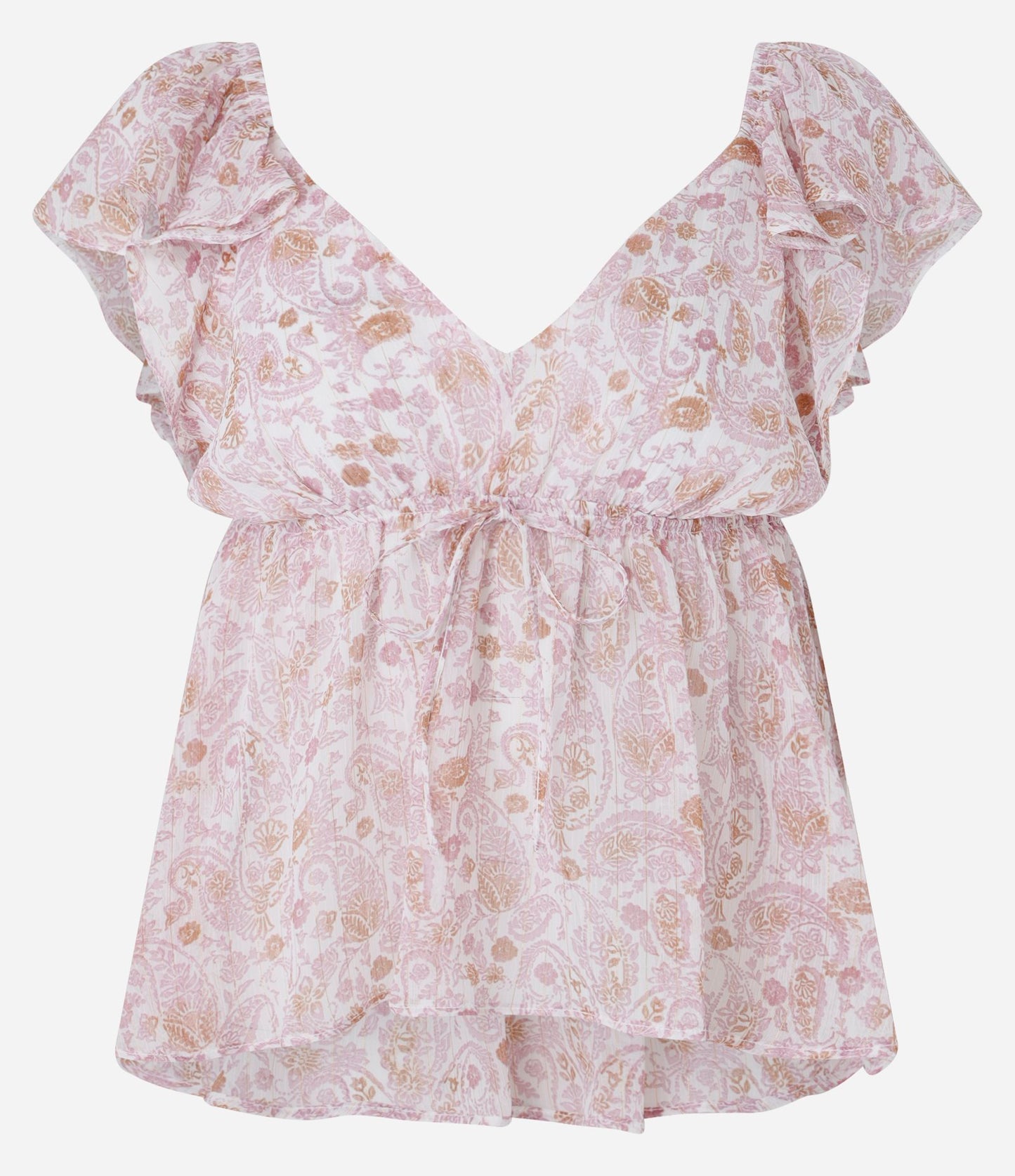 Blusa Peplum Boho Chic em Chiffon com Estampa Floral Paisley Rosa e Babados