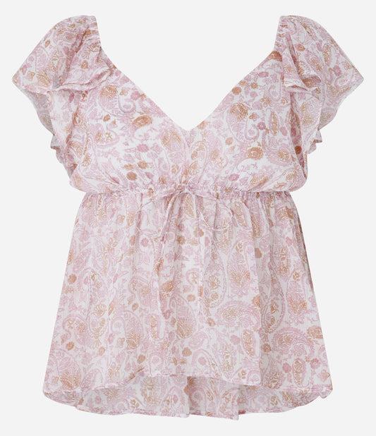 Blusa Boho Chic Peplum de gasa con estampado floral paisley rosa y volantes