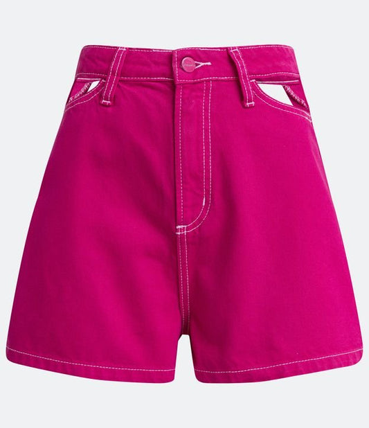 Shorts de sarja de cintura alta com recortes e costura rosa contrastante